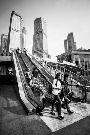 Shanghai, China - April 8, 2014:  Square by Lujiazui financial centrer in Shanghai. Black and white city photographyのeditorial素材