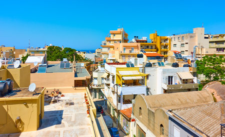 Heraklion, Greece - April 27, 2018: Dwelling houses in Heraklion city, Crete island. Cityscapeのeditorial素材