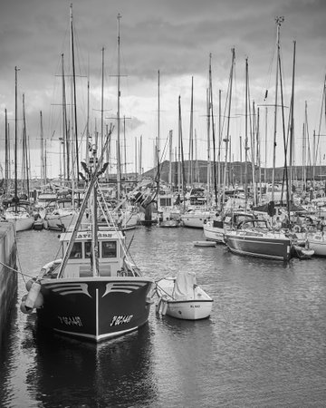 Golf del Sur, Tenerife, Spain - December 7, 2019: Sail yachts and boats at Marina San Miguel. Black and white photographyのeditorial素材