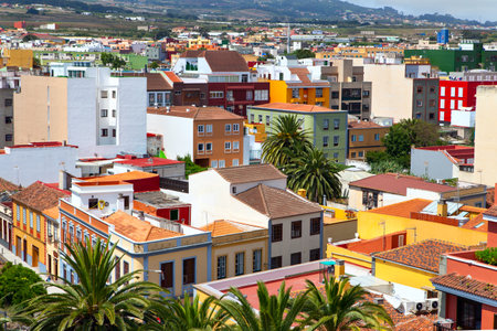 San Cristobal de La Laguna, Tenerife, Spain - August 4, 2011: Dwelling houses in La Laguna from above. Cityscapeのeditorial素材