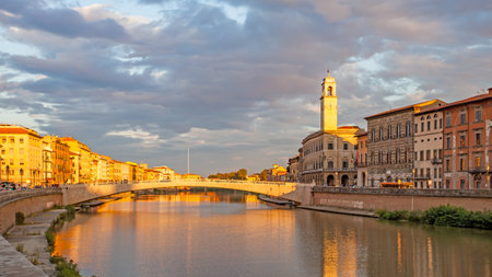 Pisa, Italy - September 4, 2014: Panoramic view of The Old Town of Pisa in the early eveningのeditorial素材