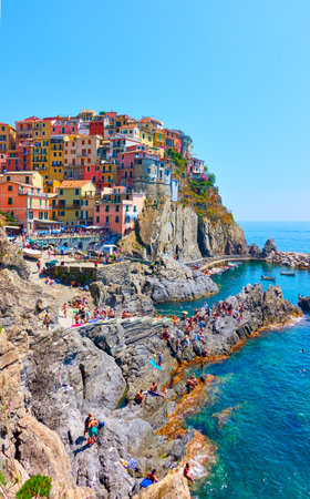 Manarola, Italy - July 2, 2019: View of Manarola on sunny summer dayのeditorial素材