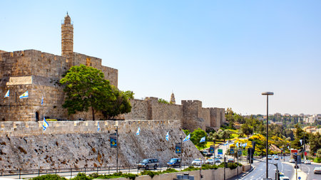 Jerusalem, Israel - May 20, 2009:  Walls of The Old Town of Jerusalem and road traffic near byのeditorial素材