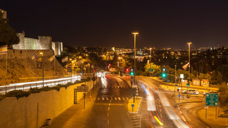 Jerusalem, Israel - May 20, 2009:  City road by Walls of The Old Town of Jerusalem at nightのeditorial素材