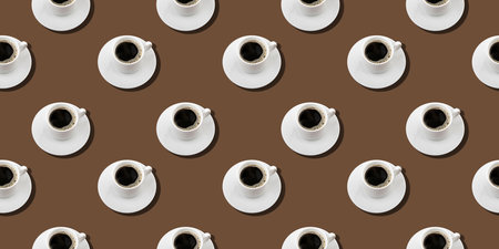 Cups of black coffee on mocha brown background. Contemporary still life, flat lay. Seamless patternの写真素材