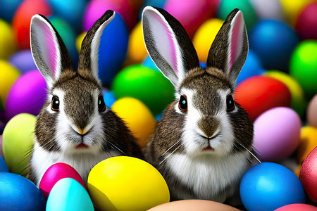 Two rabbits among plenty of Easter eggs of different colors. Generative AIの素材