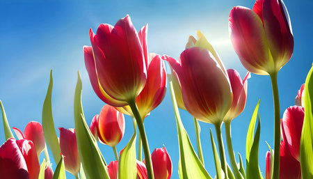 Red tulip flowers and blue sky in thes background. Generative AIの素材
