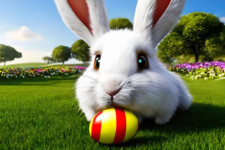 White bunny with Easter egg in the garden. Generative AIの素材