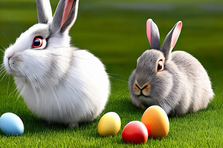 Two rabbits with Easter eggs on a lawn. Generative AIの素材