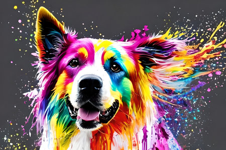 Colorful dog with splashes of paint on gray background. Generative AIの素材
