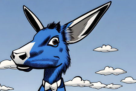 Blue donkey against the sky with clouds. Generative AIの素材