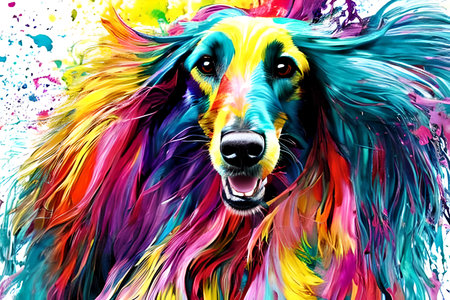 Running colorful Afghan Hound dog. Generative AIの素材