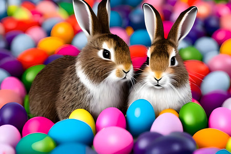 Two rabbits with colorful Easter eggs. Generative AIの素材