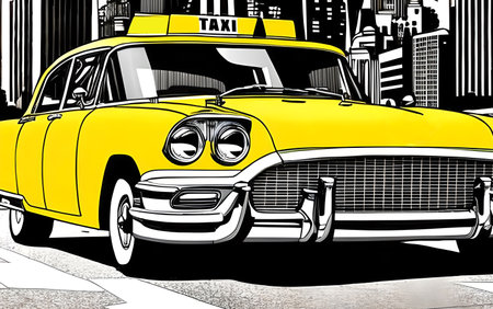 Imaginary taxi car in the city. Vintage comics book style. Generative AIの素材