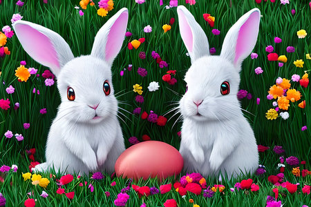 Two cute little bunnies with Easter egg in the field. Generative AIの素材