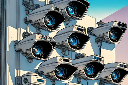 Many CCTV cameras on building wall. Comic book style. Generative AIの素材