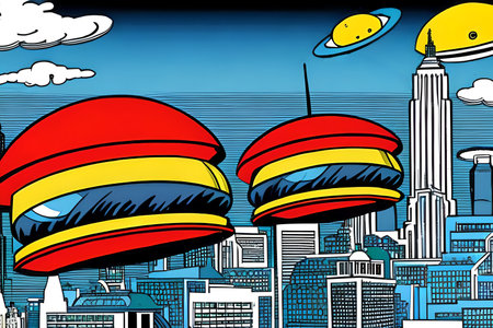 Fast food attacks - Flying UFO burgers over the city. Vintage comics style. Generative AIの素材