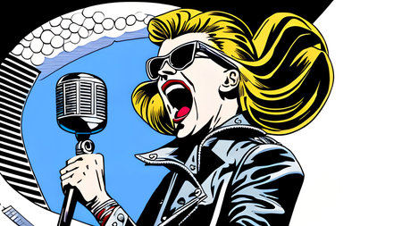 Female rock singer with vintage microphone. Comic book style. Generative AIの素材