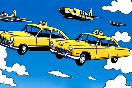Flying taxi cars. Vintage comics book style. Generative AIの素材