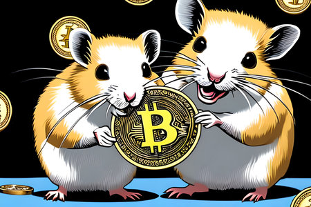 Two funny hamsters holding Bitcoin. Cryptocurrency concept. Generative AIの素材