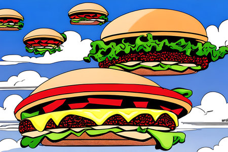 Flying UFO burgers in the sky. Generative AIの素材
