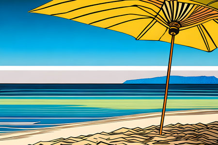 Sandy beach with yellow parasol by the sea. Comic book style. Generative AIの素材