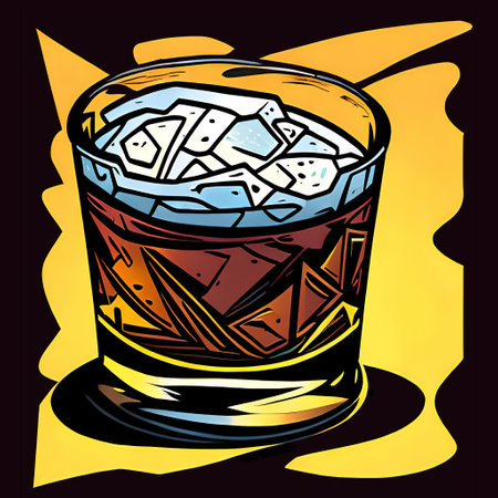 Whiskey with ice cubes in a crystal glass. Still life, pop art style. Grenerative AIの素材
