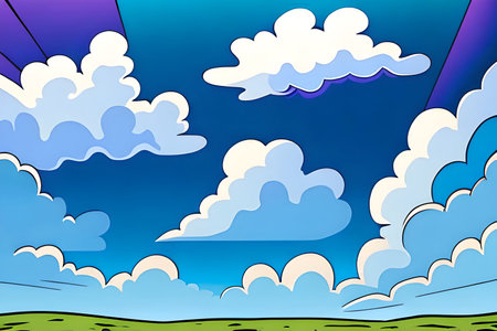 Landscape with white heap clouds in the blue sky. Comic book style background. Generative AIの素材