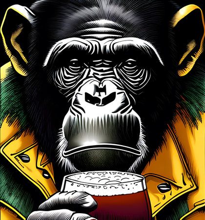 Chimpanzee dressed in yellow coat with glass of beer. Vintage comic book style. Generative AIの素材