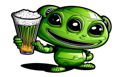 Cheers! - Three-eyed green alien with glass of beer. Generative AIの素材