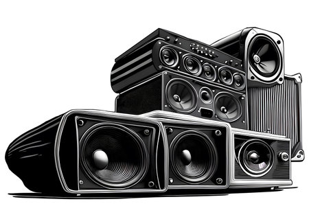 Heap of subwoofers, amplifiers and audio speakers. Generative AIの素材