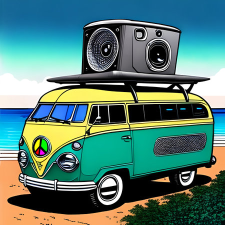 Hippy van car with huge audio speaker on the roof on the sea beach. Generative AIの素材