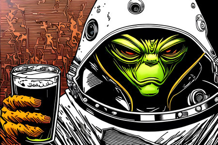 Cheers! - Green alien raising glass of beer. Generative AIの素材