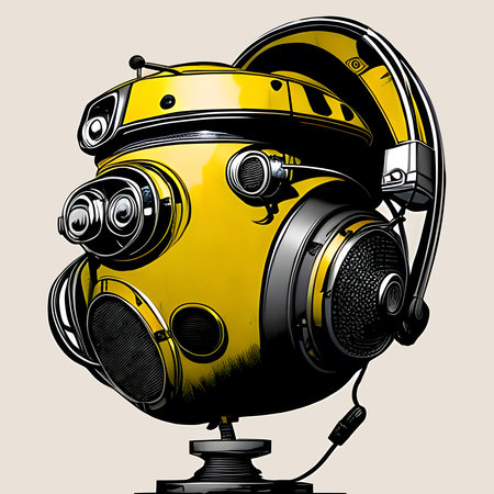 Robot music tester with big headphones. Generative AIの素材