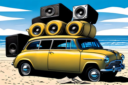 Yellow car with powerful audio speakers on the sea beach. Generative AIの素材