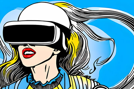 Woman using VR headset of virtual reality. Retro comic book style. Generative AIの素材