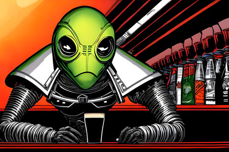 Spaceman drinking dark beer in extraterrestrial bar. Generative AIの素材