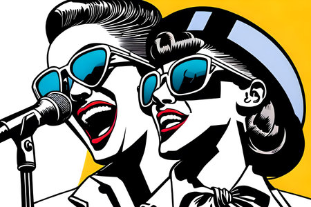 Female jazz singers singing a song. Comic book style. Generative AIの素材