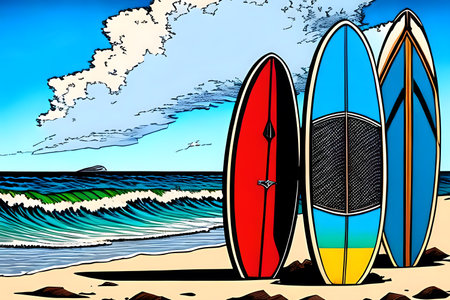 Surf boards in the sand at the beach. Generative AIの素材