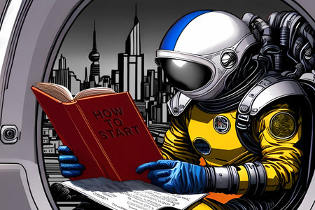 Spacesuited astronaut reading manual. Generative AIの素材