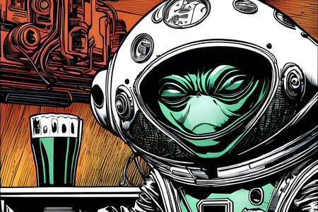 Extraterrestrial being drinking dark beer in the bar. Generative AIの素材