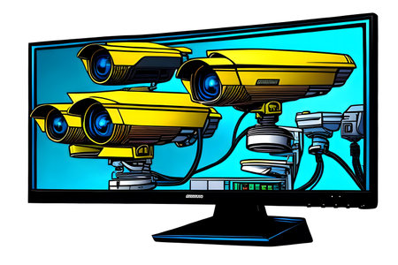 Computer monitor with sticking out CCTV security cameras. Generative AIの素材