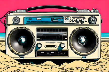 Fantasy retro stereo boom box in the beach sand by the sea. Generative AIの素材