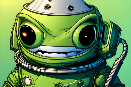 Green extraterrestrial with big eyes. Generative AIの素材