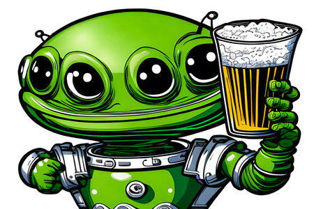 Cheers! - Funny alien visitor with glass of beer. Generative AIの素材