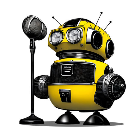 Funny robot singer with microphone. Generative AIの素材