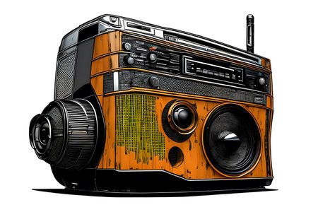Fantasy vintage transistor radio receiver on the white background. Generative AIの素材