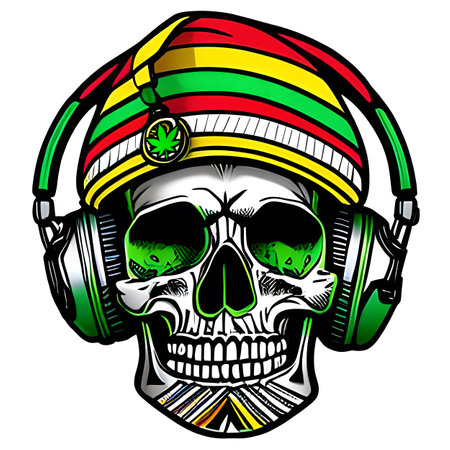 Human skull with headphones and multicoloured hat. Generative AIの素材