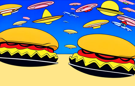 UFO burgers. Comic book style template with space for text. Generative AIの素材