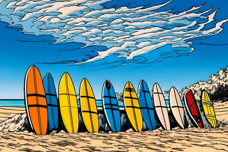 Surf boards at the beach. Generative AIの素材